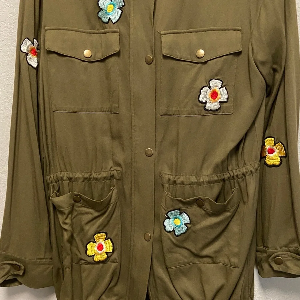 English Factory Olive Green Floral Embellished Military Utility Hoodie Jacket - Picture 6 of 11